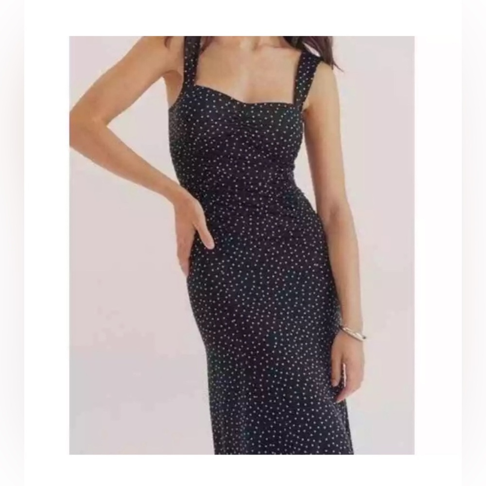 Reformation Suvi Polka Dot Ruched bodycon dress black midi sleeveless size xs